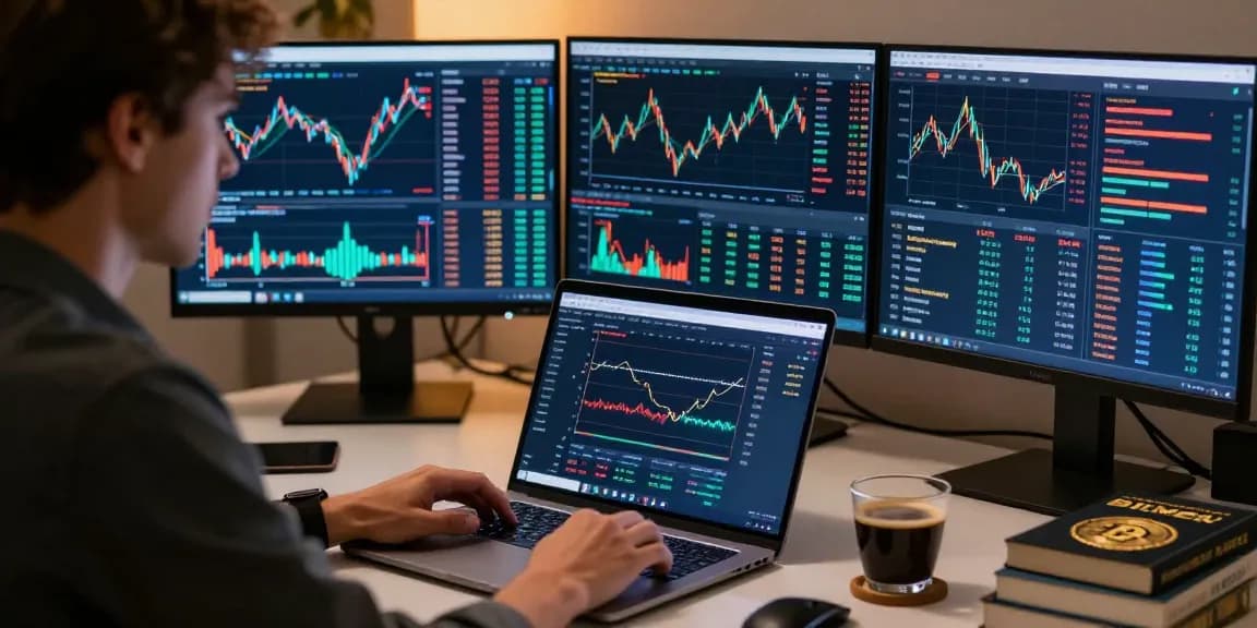 Отзывы BitMEX: профессиональный трейдер анализирует криптовалютный рынок на современном рабочем месте.