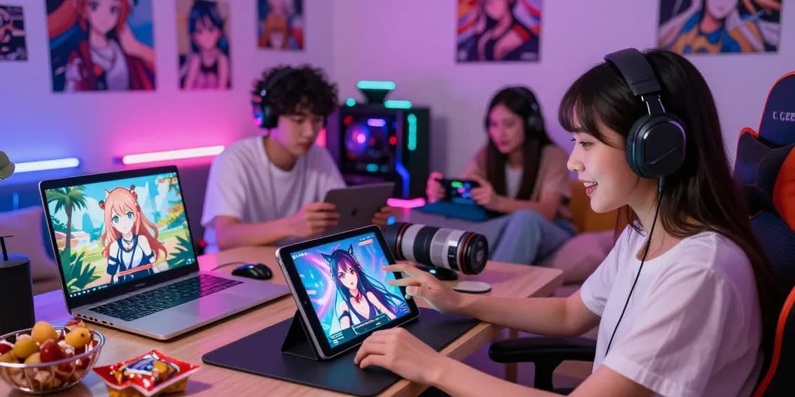 Players immersed in engaging hentai games on various devices in a vibrant gaming room.