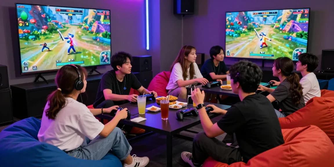 Diverse group enjoying a hit club gaming session with snacks and drinks in a vibrant lounge.