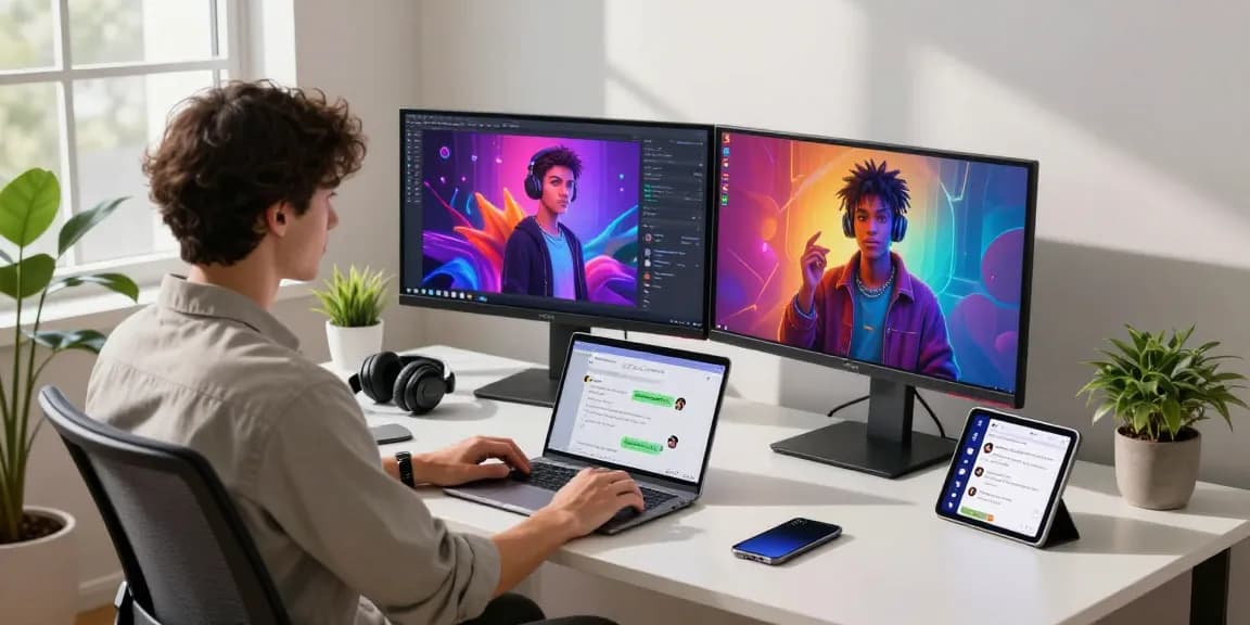 Dynamic NSFW AI developer workspace showcasing vibrant character generation on dual monitors with modern aesthetic.