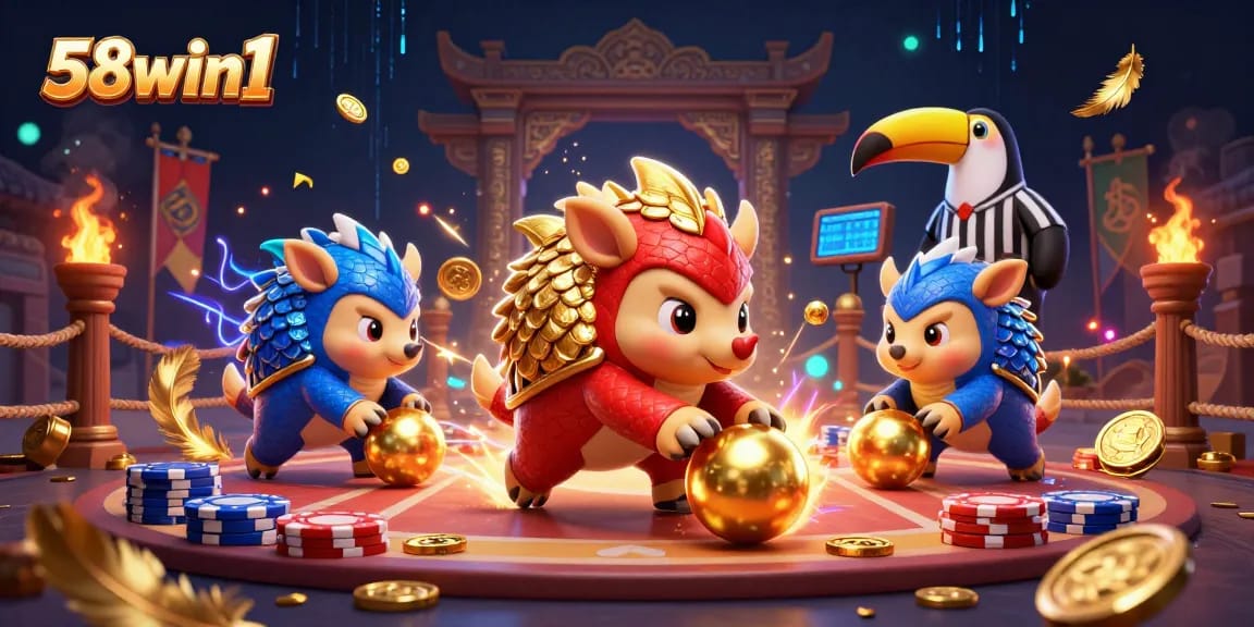 Engage in thrilling gameplay with the 58win1 pangolin characters battling through poker chips and gold coins.