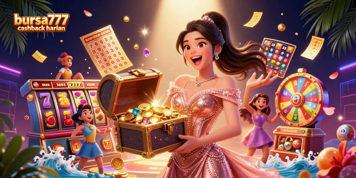 Win big with bursa777 cashback harian, featuring an Asian woman presenting treasure, in a lively casino setting.