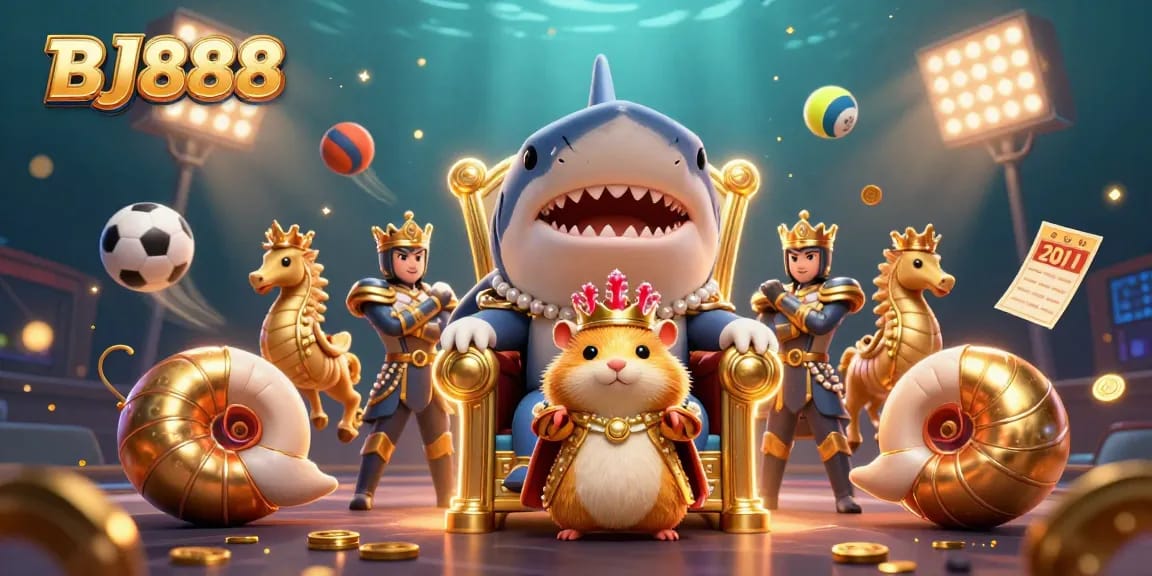 BJ888 captures the excitement of online gambling with a dynamic underwater casino scene featuring royal characters.
