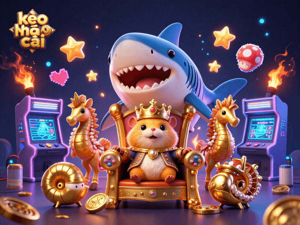 Engage in kèo nhà cái with this dynamic scene illustrating a golden hamster king amidst vibrant casino-themed elements.