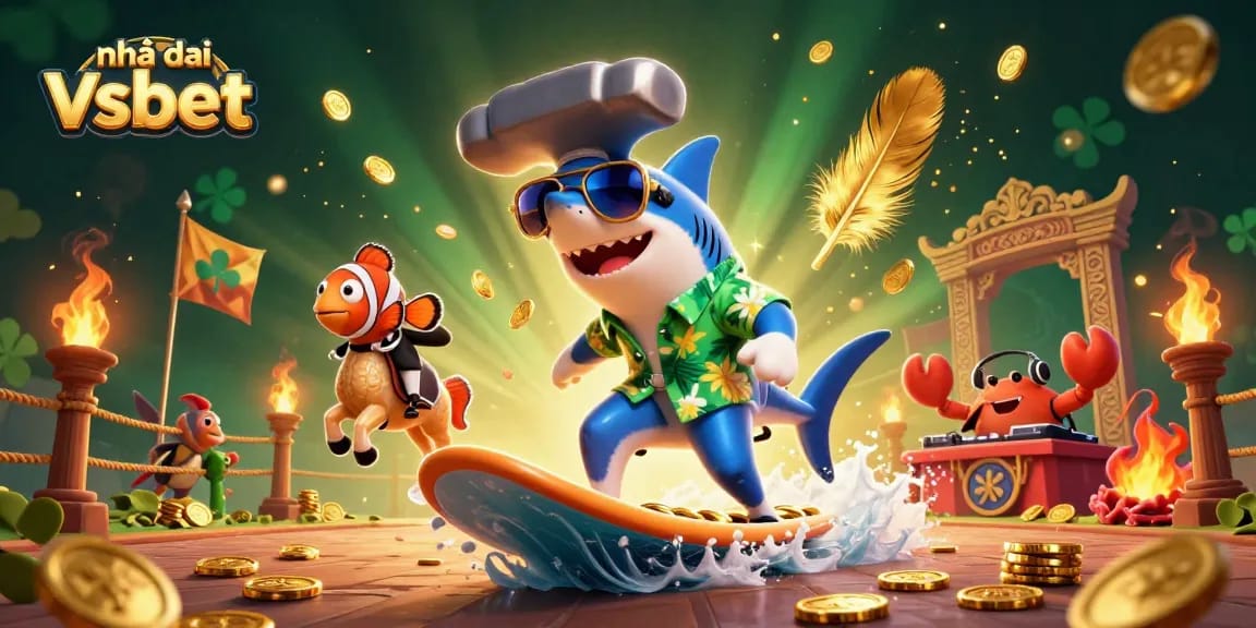Experience Nhà cái Vsbet with a surfing shark, seahorse, and coral DJ amidst vibrant casino-themed elements.
