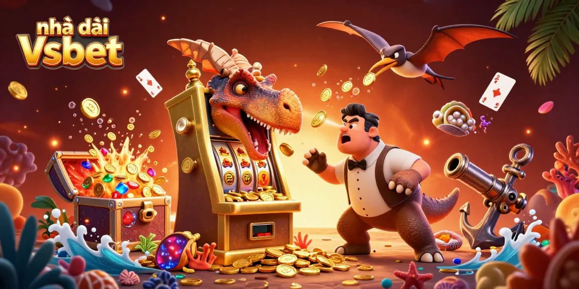 Nhà cái Vsbet offers a thrilling casino experience with a 3D cartoon scene of characters interacting with coins and gaming elements.