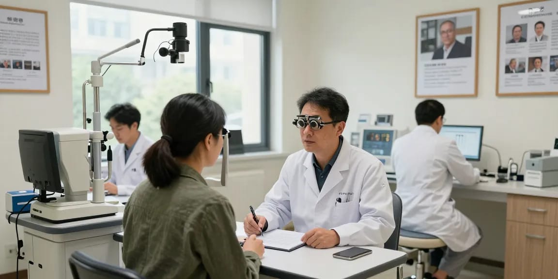 Patient consulting ophthalmologist at SNU Eye Clinic, read read open about advanced vision correction.