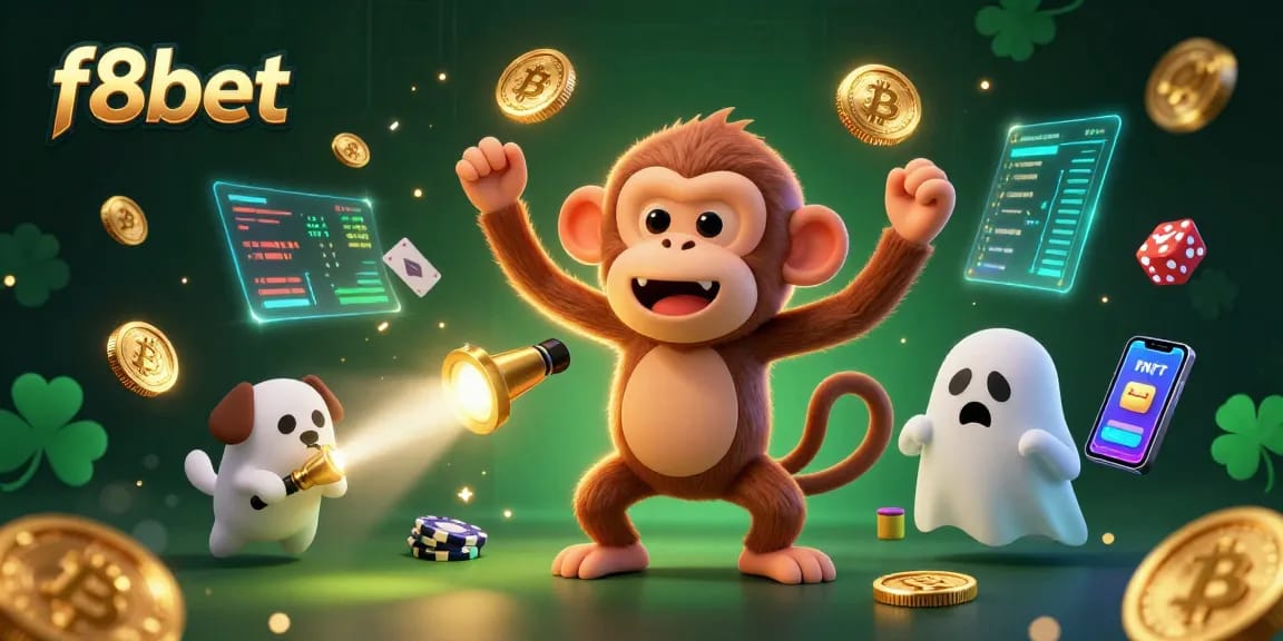 Engage with f8bet's exciting casino world through a dynamic scene filled with juggled treasures.