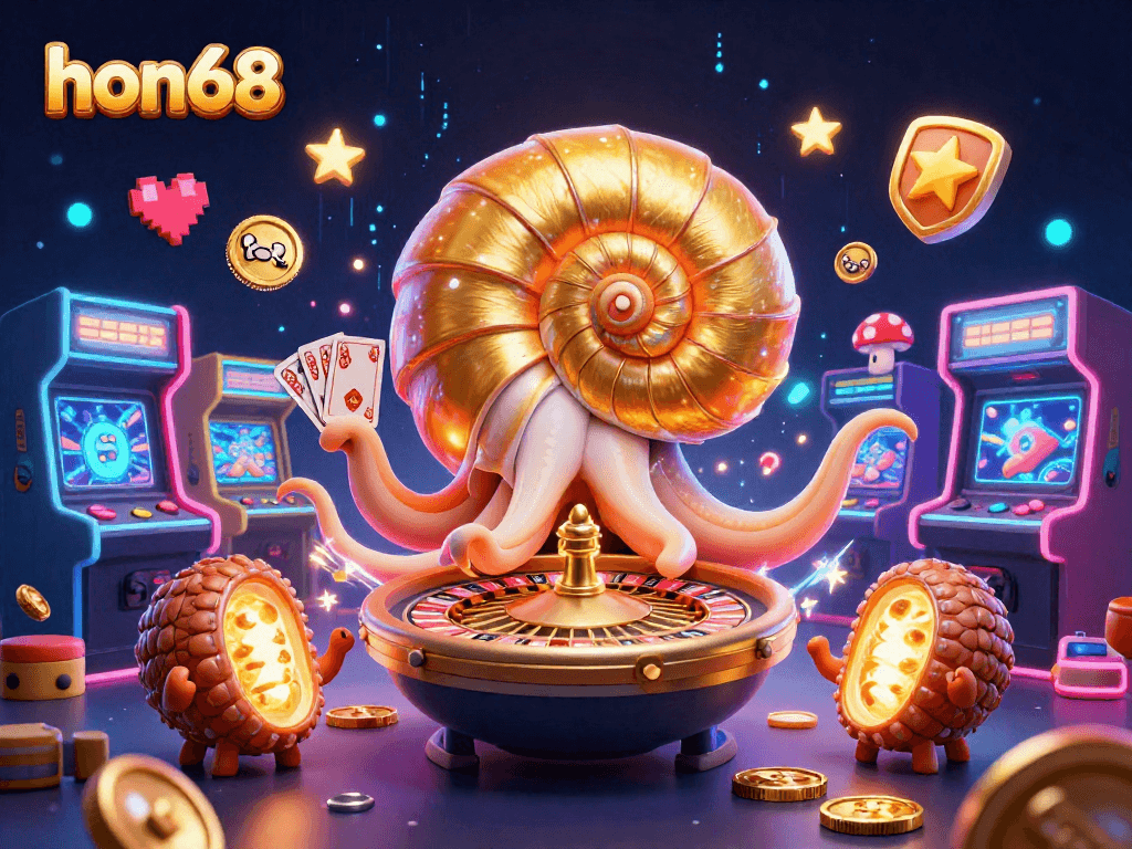 Experience thrilling gameplay at hon68 with a giant nautilus roulette wheel and glowing arcade elements.