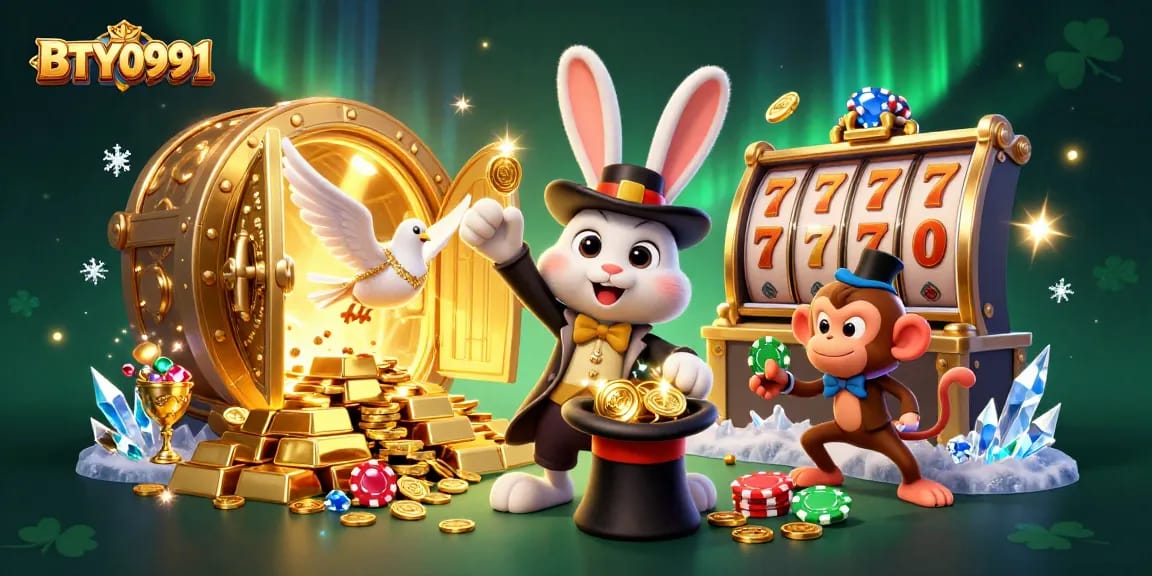 Join the magic with BTY0991 as a rabbit, dove, and monkey celebrate casino wins with dazzling treasure.