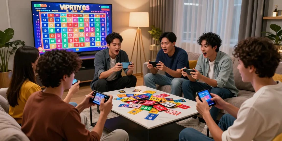 Komunitas aktif bermain togel di https://honda555.net/ dengan suasana gembira, tiket berwarna-warni dan perangkat gaming terlihat.