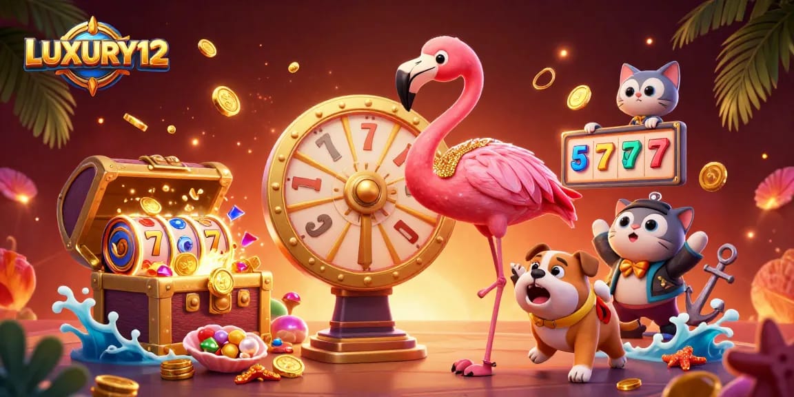 LUXURY12 players spin the wheel for exciting jackpots amid vibrant casino elements.