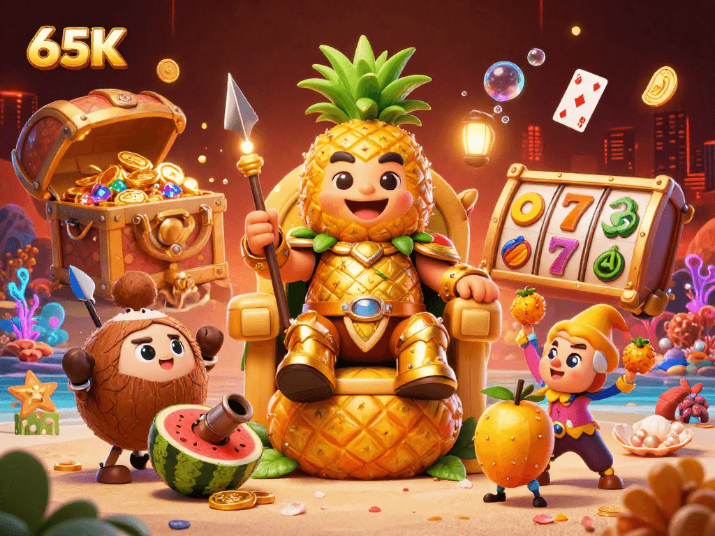 65K: Divirta-se jogando em um cassino vibrante com elementos de caça-níqueis e um rei abacaxi.