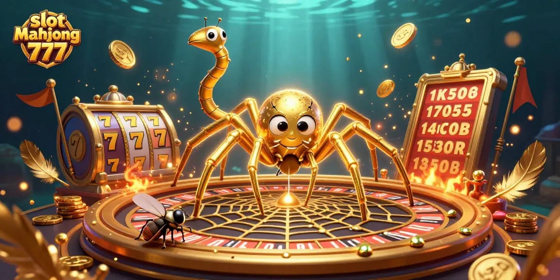 Experience excitement in slot mahjong 777 with a vibrant 3D scene of a spider, croupier, and golden elements.