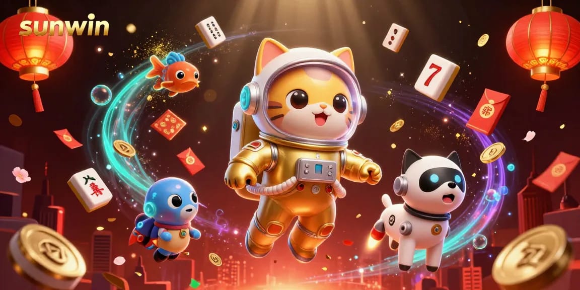 Engage in thrilling slots adventure at sunwin with a vibrant 3D casino scene featuring astronauts and playful elements.