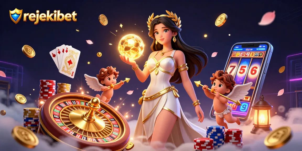 Experience the excitement of rejekibet with a dazzling 3D casino-themed illustration showcasing lucky symbols and vibrant gameplay.