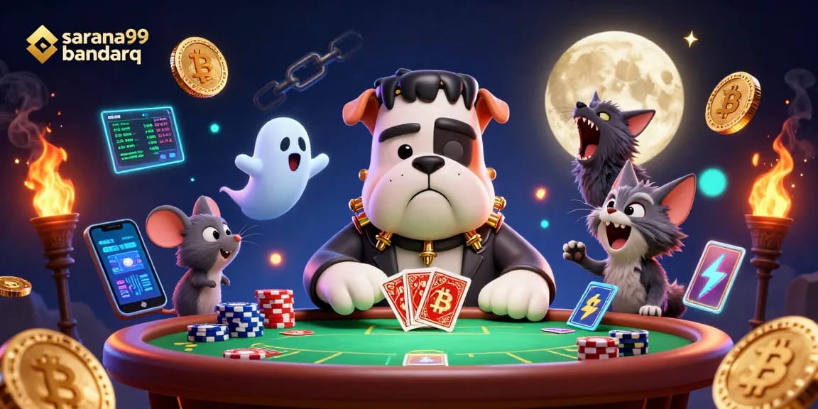 Sarana99 bandarq showcases a Frankenstein bulldog dealing cards in a vibrant casino setting, enhancing player experience.