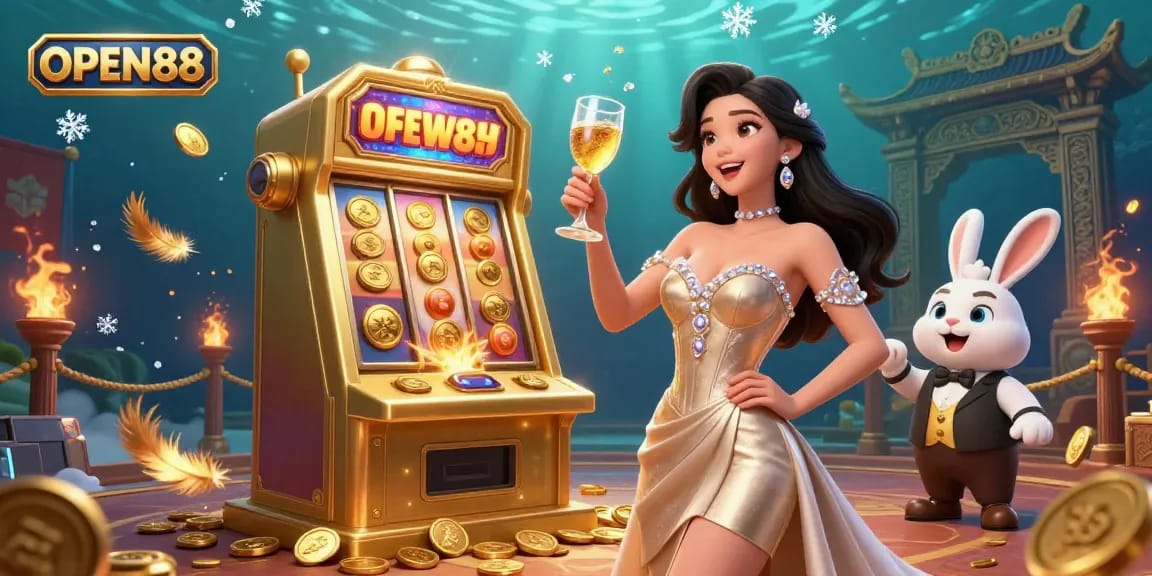 Engage with OPEN88's exhilarating jackpot scene featuring a glamorous woman and playful bunny croupier.