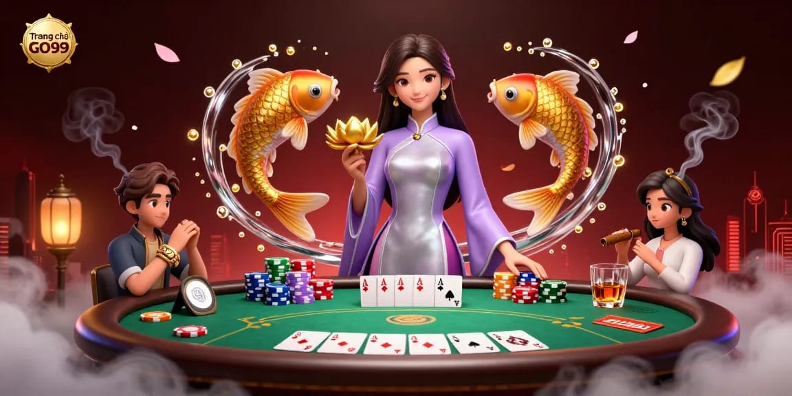 Engage with Trang chủ GO99 through a vibrant 3D casino illustration featuring poker elements and captivating characters.