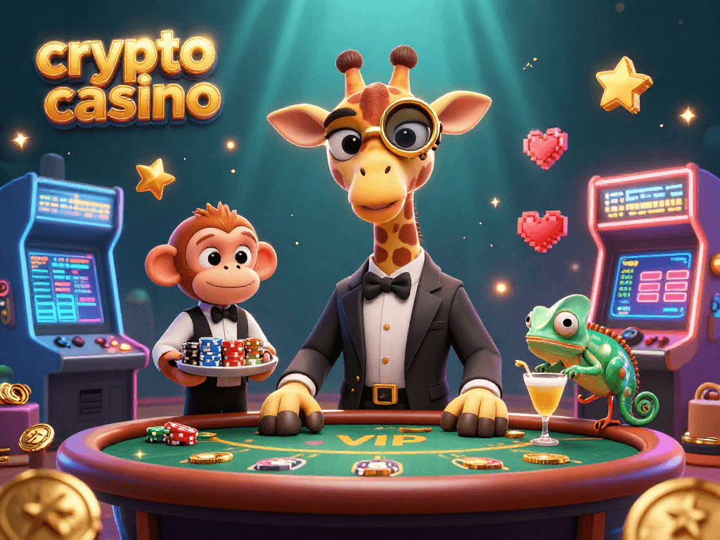 Experience a vibrant crypto casino scene with a high-roller giraffe and playful characters.
