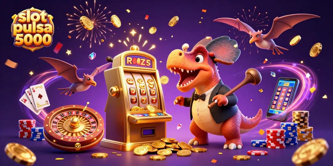 Slot pulsa 5000 menampilkan dinosaurus bermain mesin slot di kasino yang ramai, menarik perhatian dengan grafis cerah.