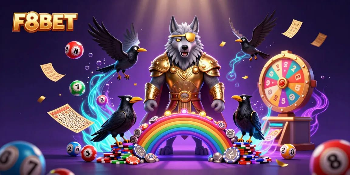 Join the fun at F8BET with an engaging illustration featuring a dynamic lottery scene.