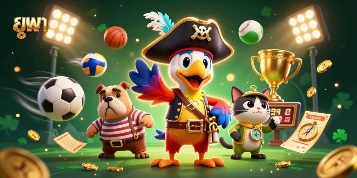 Engage in ยูฟ่า sports betting with dynamic elements like flying sports balls, a pirate and crew leading the action.