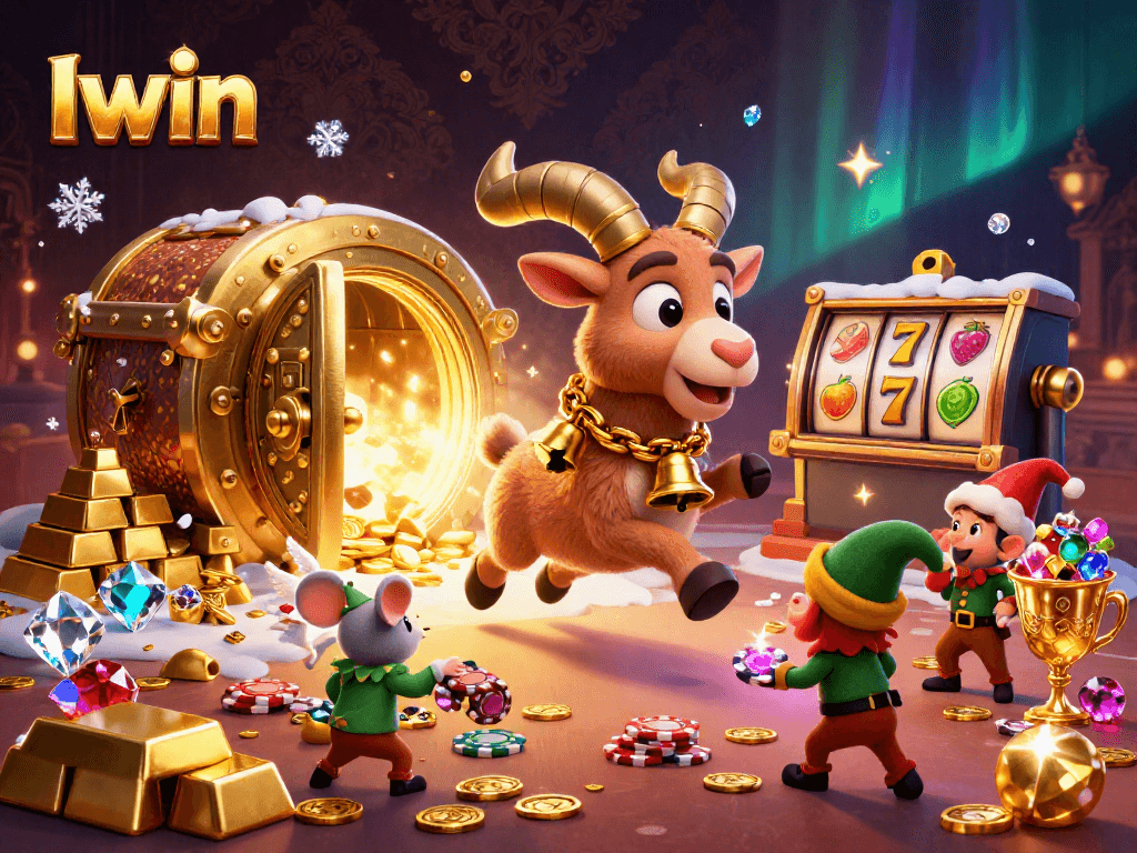 Iwin features a festive Krampus running a horror-themed casino with naughty gremlins stealing poker chips.
