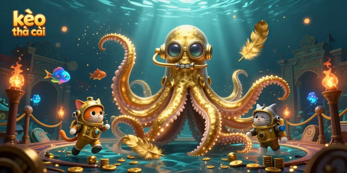 Bettors explore the thrilling kèo nhà cái with a majestic kraken and diving cat in a dynamic underwater scene.