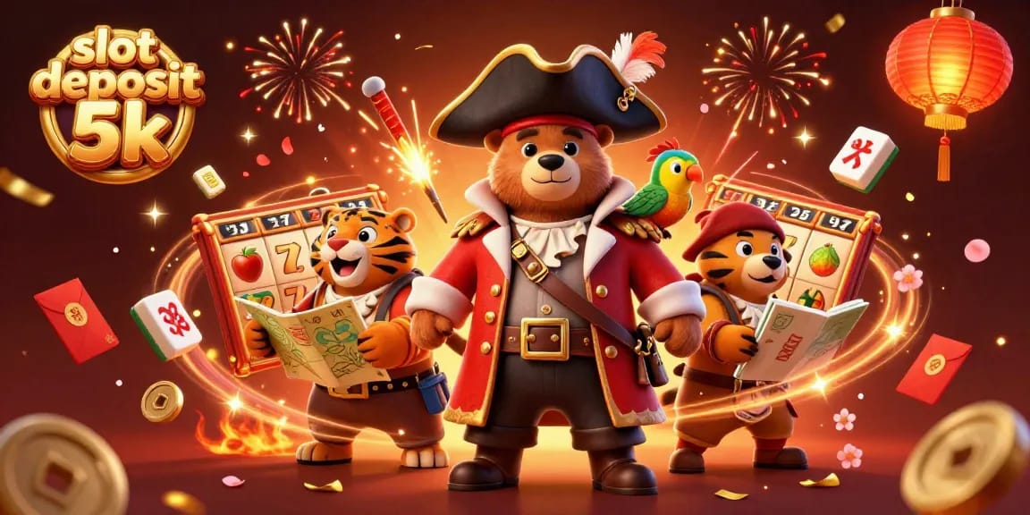 Engage with slot deposit 5k opportunities featuring a pirate captain bear and vibrant casino elements.