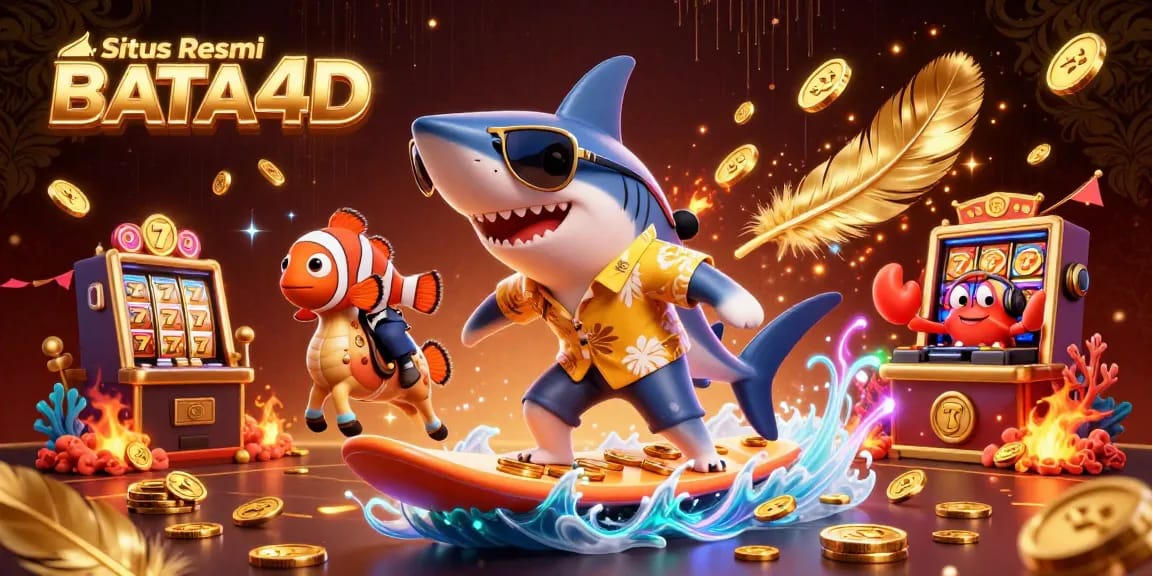 Situs Resmi BATA4D ilustasi penuh warna dengan ikan hiu yang berselancar di atas koin emas dan elemen permainan kasino lainnya.