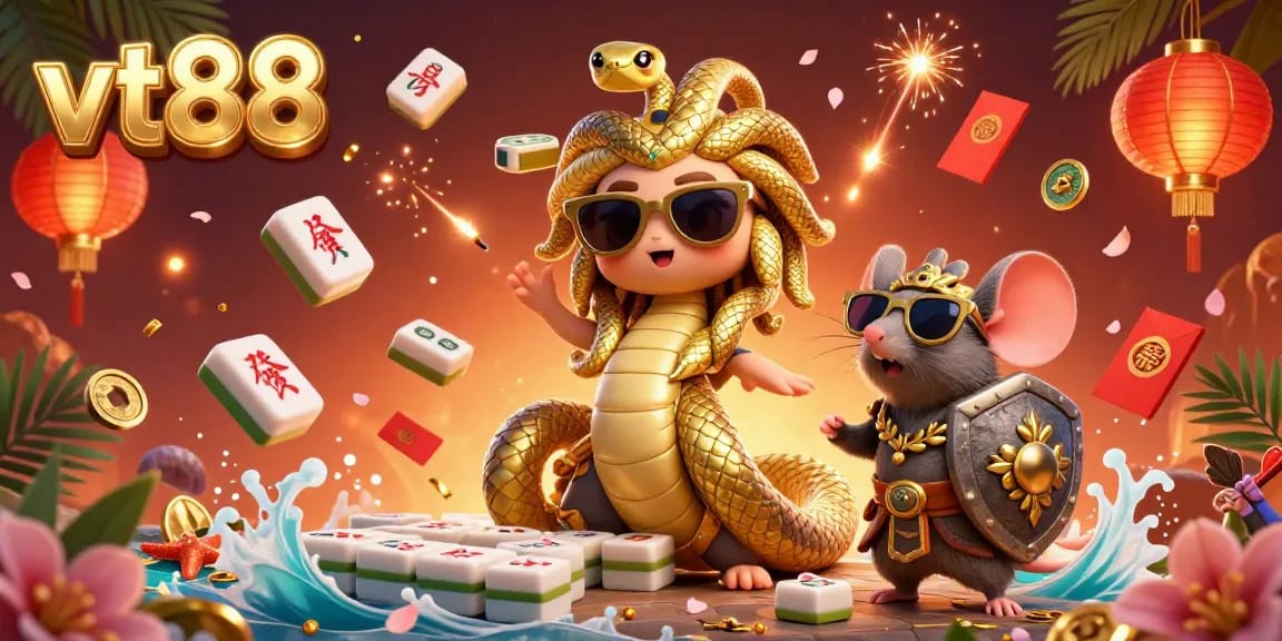 Experience vt88 with a vibrant scene featuring friendly Medusa and a warrior mouse amidst lucrative gaming elements.