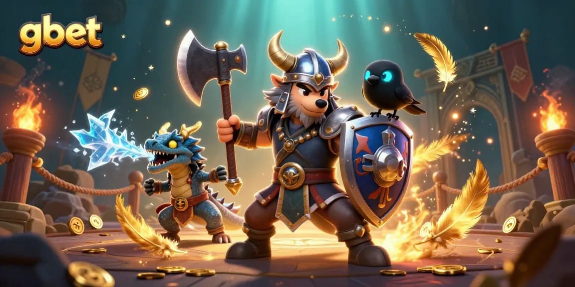 gbet showcases a Viking wolf warrior and dragon in an epic online casino adventure, surrounded by coins and games.
