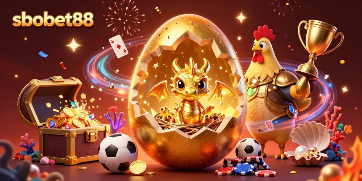 Spark excitement with sbobet88 as a golden dragon emerges from a treasure-filled nest surrounded by sports betting elements.