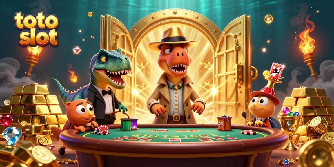 Experience thrilling toto slot adventures with animated characters in a vibrant, detailed casino scene.