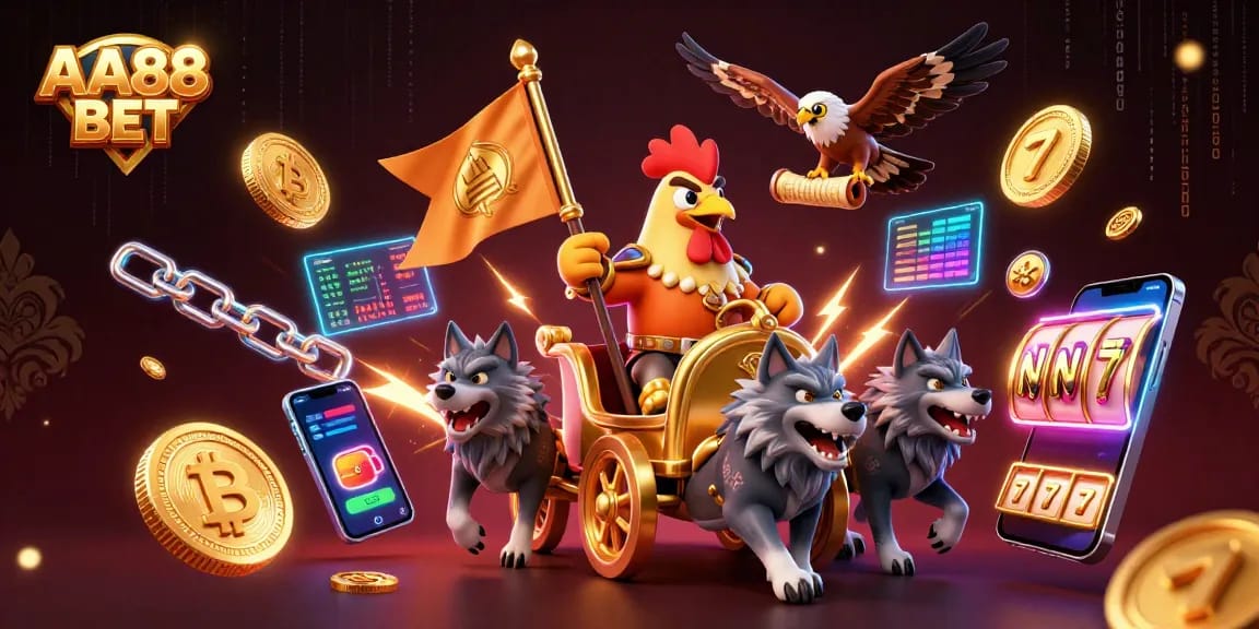 Engage with AA88 BET as you experience thrilling slot action featuring a rooster warlord in a vibrant 3D casino scene.