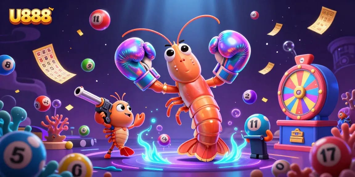 U888 enhances your slots experience with vibrant lottery and casino elements in a dynamic 3D illustration.