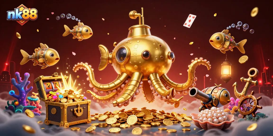 Experience winning opportunities with nk88 in this vibrant casino-themed illustration showcasing a kraken submarine.