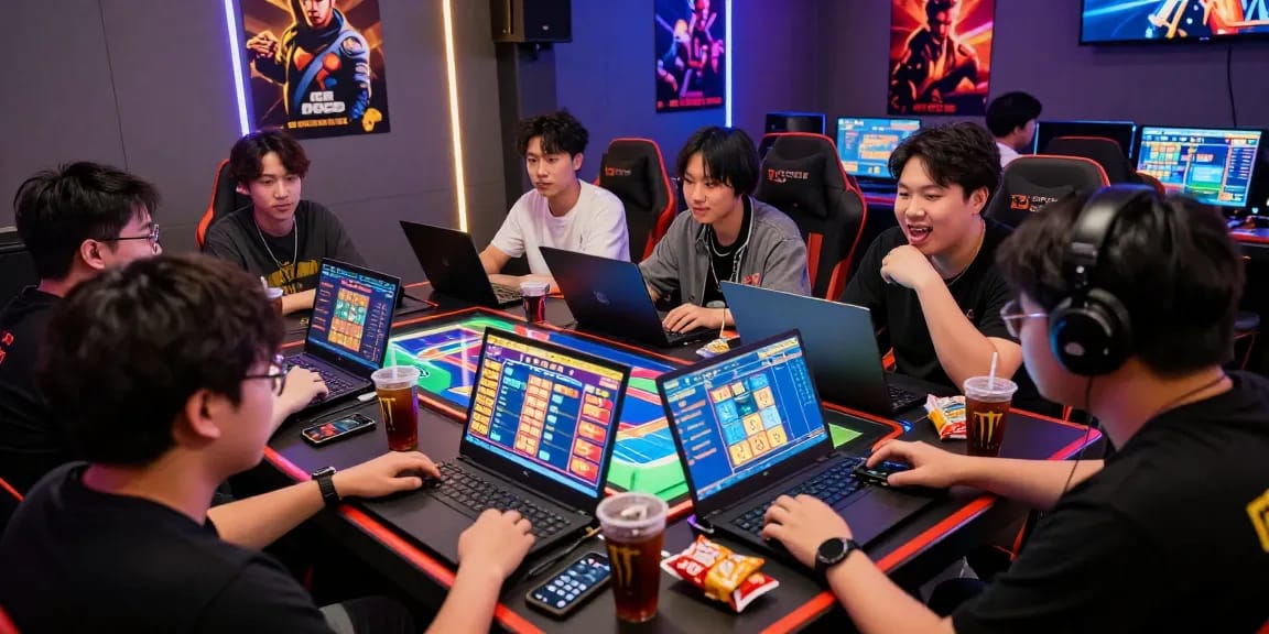 Exciting pajaktoto togel gaming scene with engaged players and vibrant gaming interfaces.