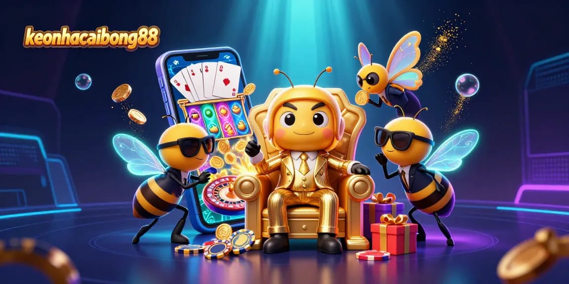 Spinning reels and sparkling coins in an engaging keonhacaibong88 gambling illustration.