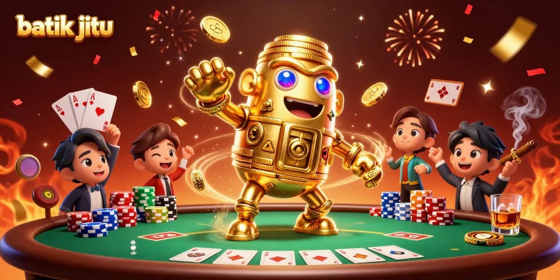 Gambarlah batik jitu dengan golem emas mengorbitkan koin, menampilkan elemen judi yang menarik.