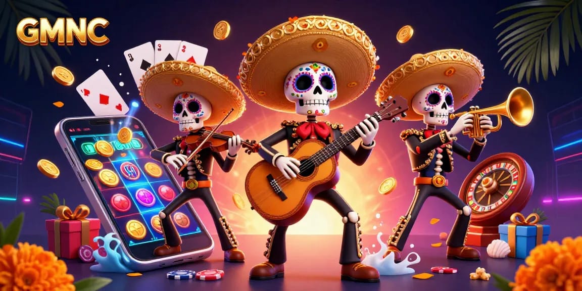 Engage with GMNC's vibrant casino scene featuring a lively mariachi band amid dynamic gaming elements.