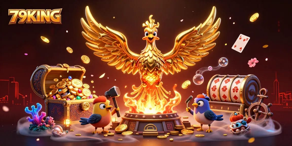 Engage with 79KING's thrilling 3D casino adventure featuring a phoenix and gold-filled treasures.