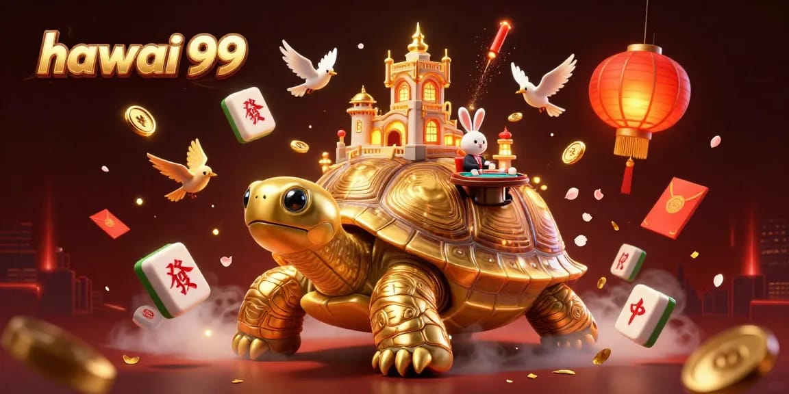 Engage with hawai 99 through a rich 3D casino scene featuring a golden tortoise, a rabbit dealer, and festive decorations.