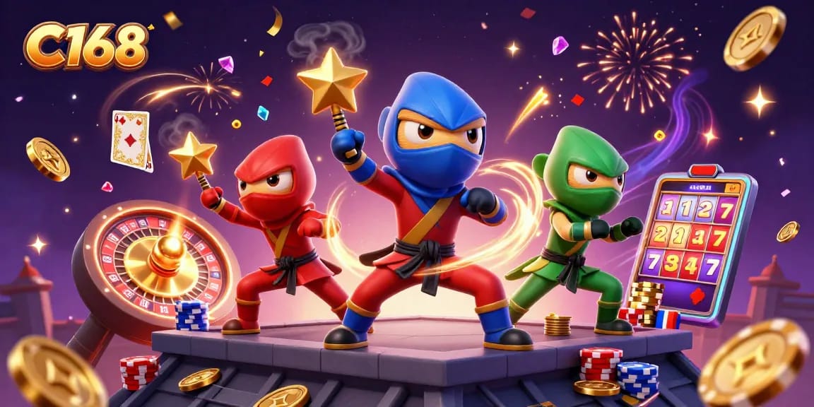 C168 offers thrilling gaming with vibrant ninjas battling through golden coins and casino elements.