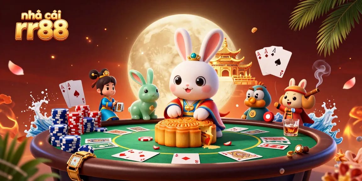 Engage with the thrilling world of nhà cái rr88 featuring a vibrant casino scene with poker chips and moon rabbits.