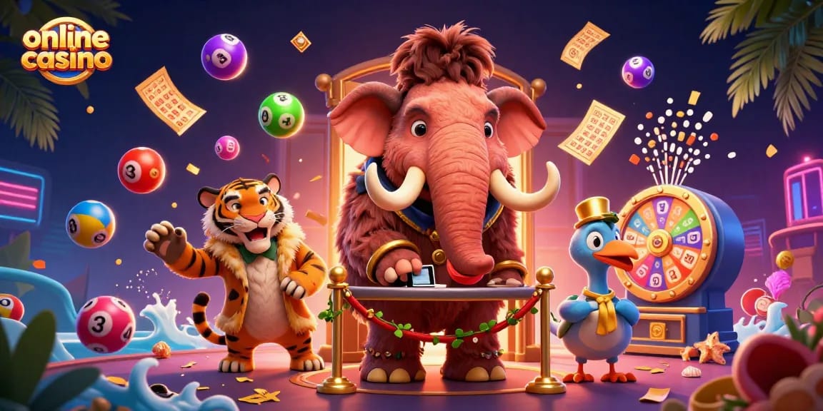 Exciting online casino scene with a woolly mammoth bouncer, saber-tooth VIP, and dodo doorman.