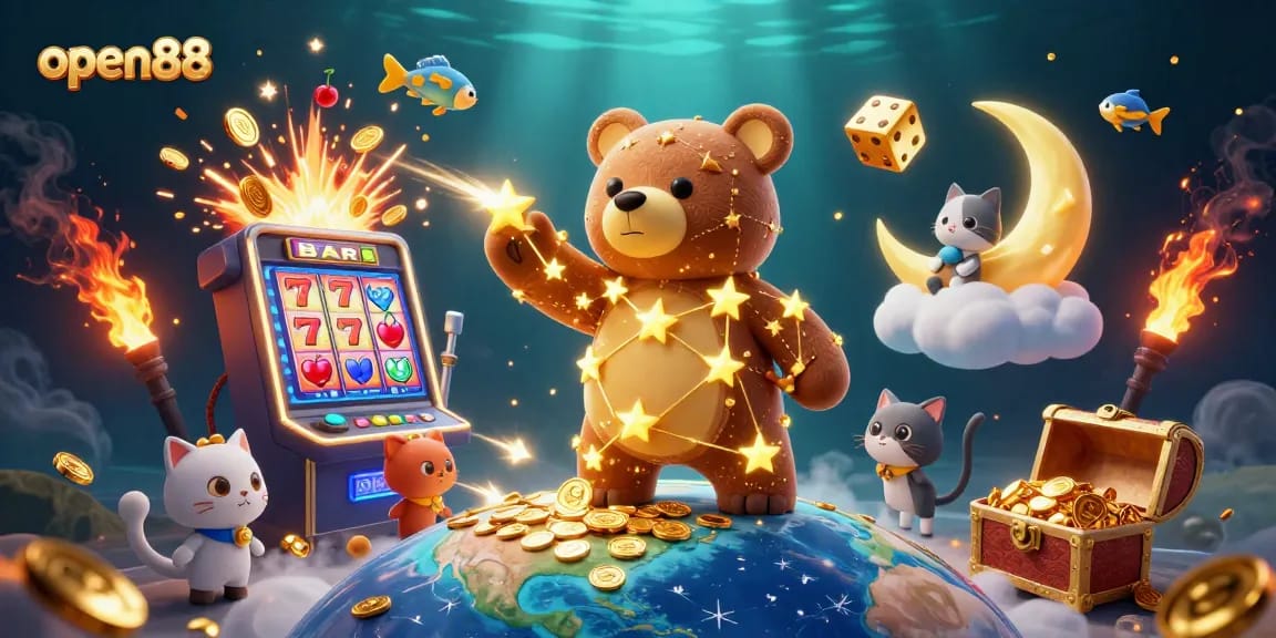 Win big with open88 as a constellation bear scoops up coins from a vibrant casino world.