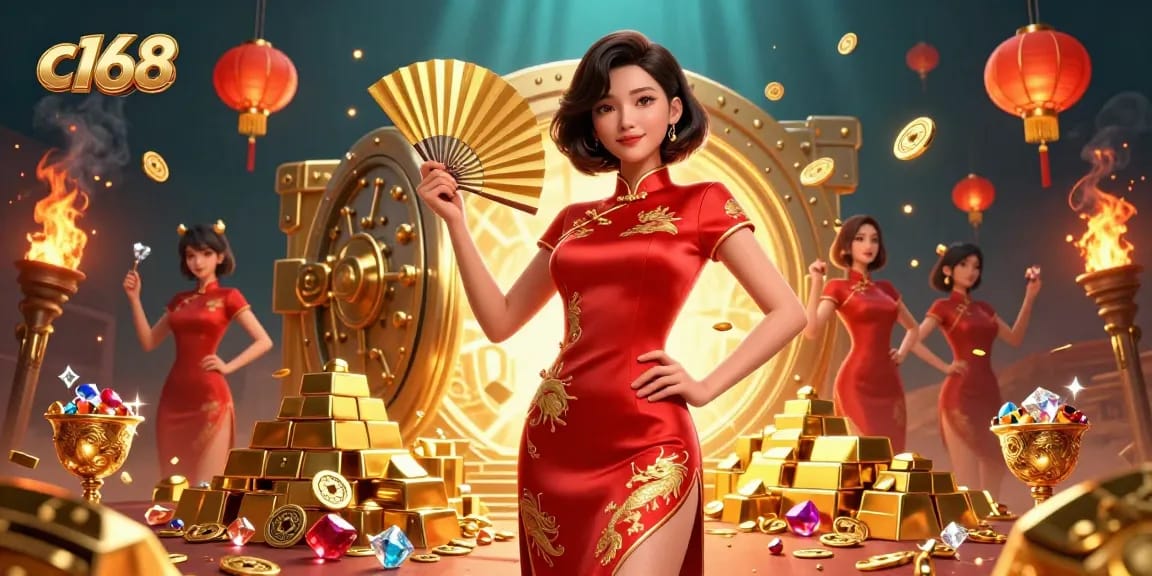 C168 casino experience with vibrant elements, showcasing a beautiful woman in a crimson qipao leading thrilling gaming.
