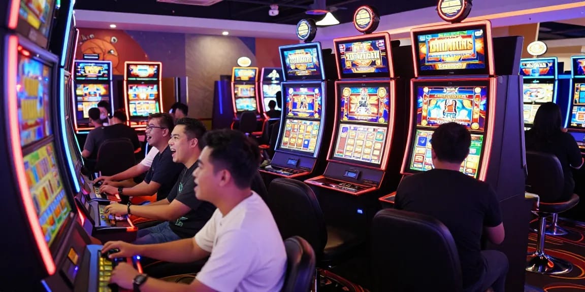 Pengalaman seru bermain di situs slot gacor dengan mesin slot berwarna-warni dan pemain yang antusias.
